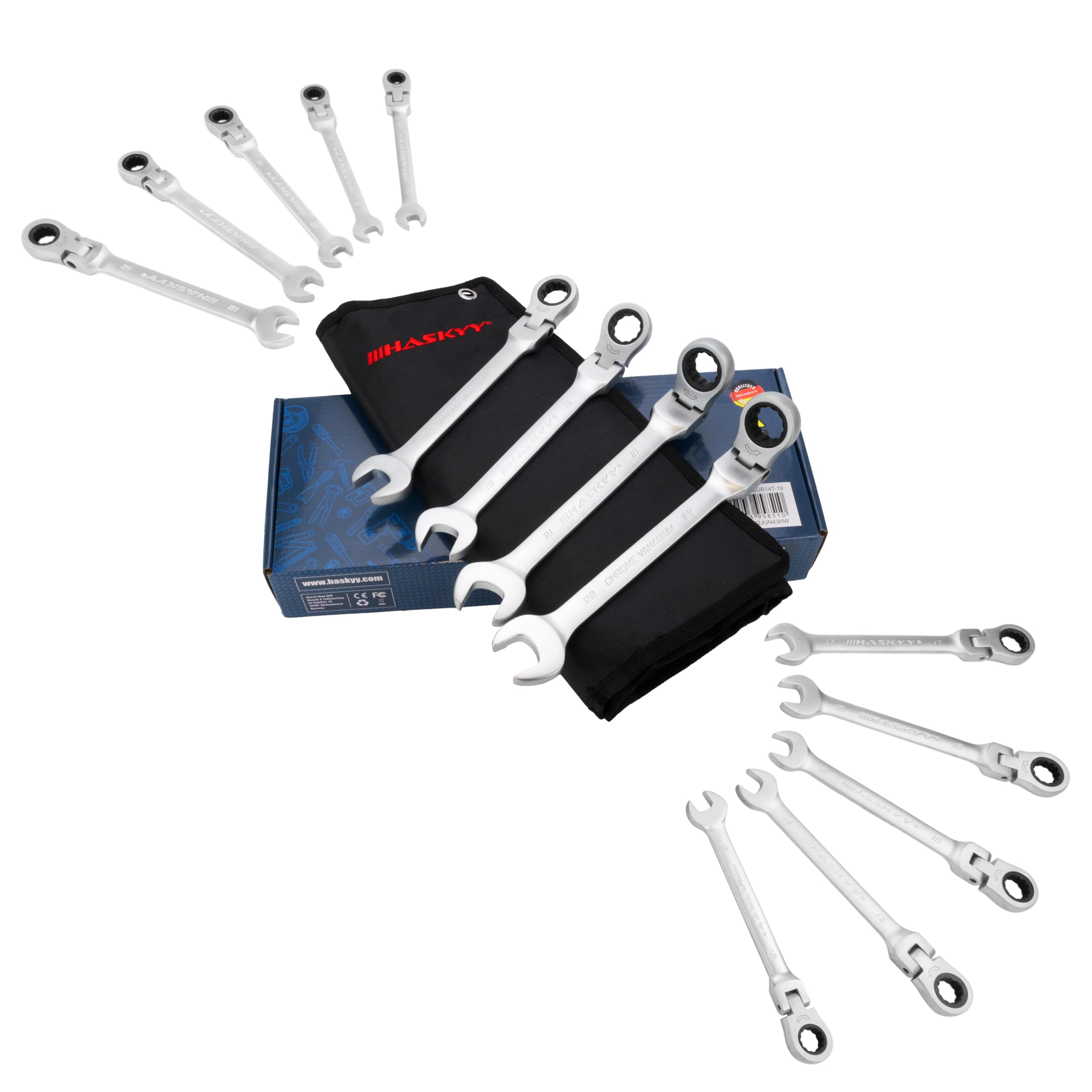 HASKYY Gelenk-Ratschenringschlüssel Set 14 tlg 8–22 mm – Ring Maulschlüssel Set, Ratschenmaulschlüssel & Gabelschlüssel Ratsche aus Chrom-Vanadium-Stahl 8