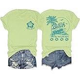 KEEVICI Hawaiian Beach T Shirts for Women Hibiscus Flower Palm Tree Shirt Tropical Graphic Tees Summer Beachy Vacation Tops
