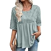 EVALESS Womens Spring Summer Tops Casual Crewneck Half Sleeve Shirts Blouses Cute Floral Embroidered Boho Babydoll Tops