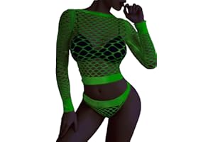 FasiCat Women's Mesh Lingerie Fishnet Babydoll Mini Dress Bodysuit See Through Shirts Long Sleeves Lingerie Bodysuit Cover Up