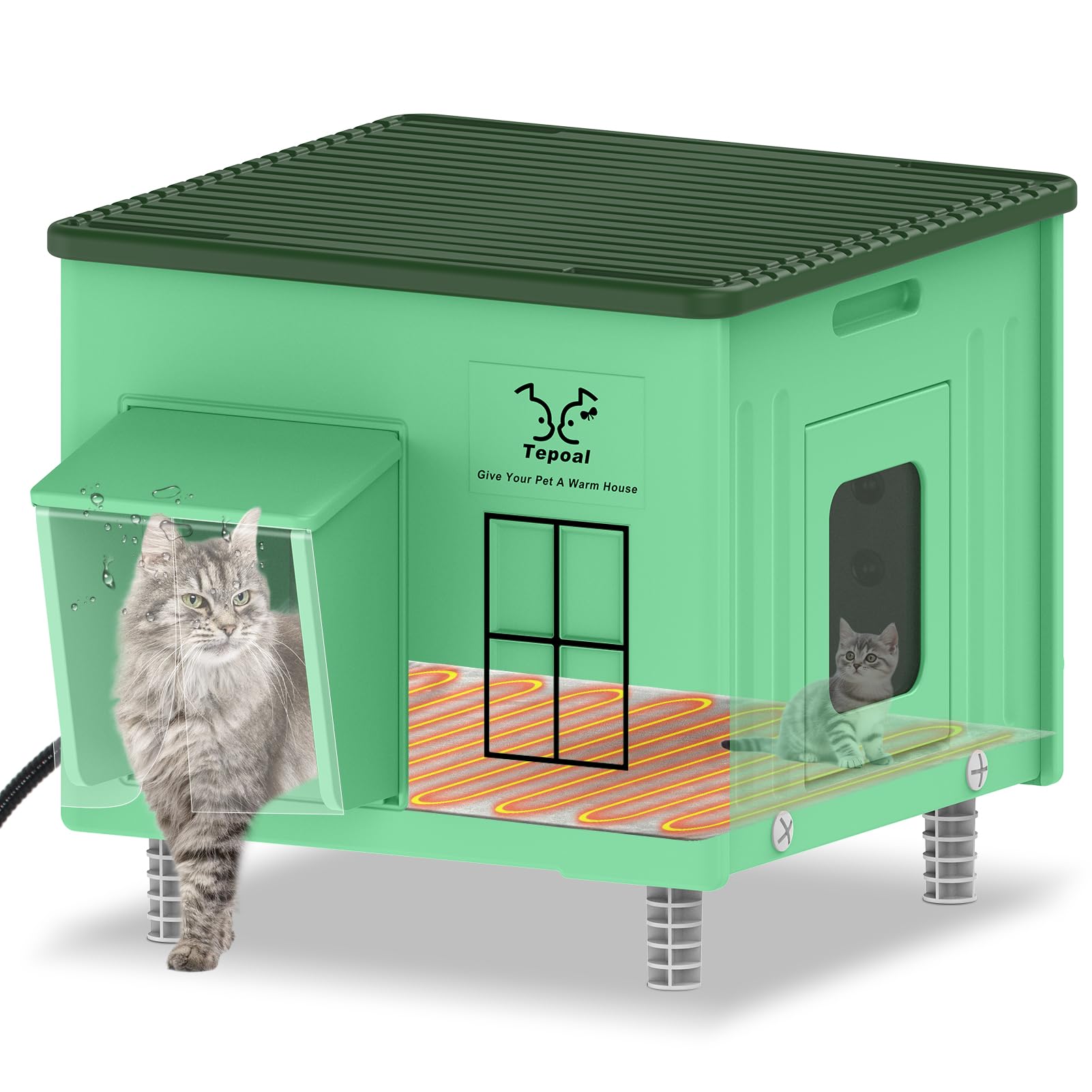 Indestructible Heated Cat House for Outdoor Cats in Winter, 100% Waterproof & Weatherproof Heated Cat House for Outside, Fully Insulated Feral Cat Shelter for Outdoor Barn Strays, 17.7 x 15 x 17.5 in Image