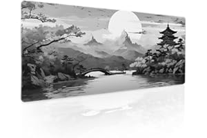 Black Gray Japanese Sakura Gaming Mouse Pad XXL Grey White Cherry Blossom Tower Mountain Aesthetic Extended Desk Mat Big Mous