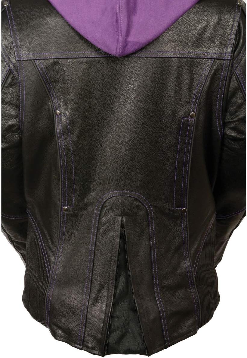 Milwaukee Leather ML2067 Women's 3/4 Black and Purple Leather Hoodie Jacket with Reflective Tribal Design - 4X-Large: Automotive