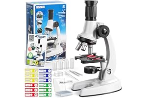 Novaluki 65 Pieces Microscope Kit for Kids Ages 5-7 8-13, 100X-1200X Magnification with 7 Colors of LED Lights and 12 Prepared Slides, Science Experiment STEM Kits for Boys and Girls Age 8-12 Years