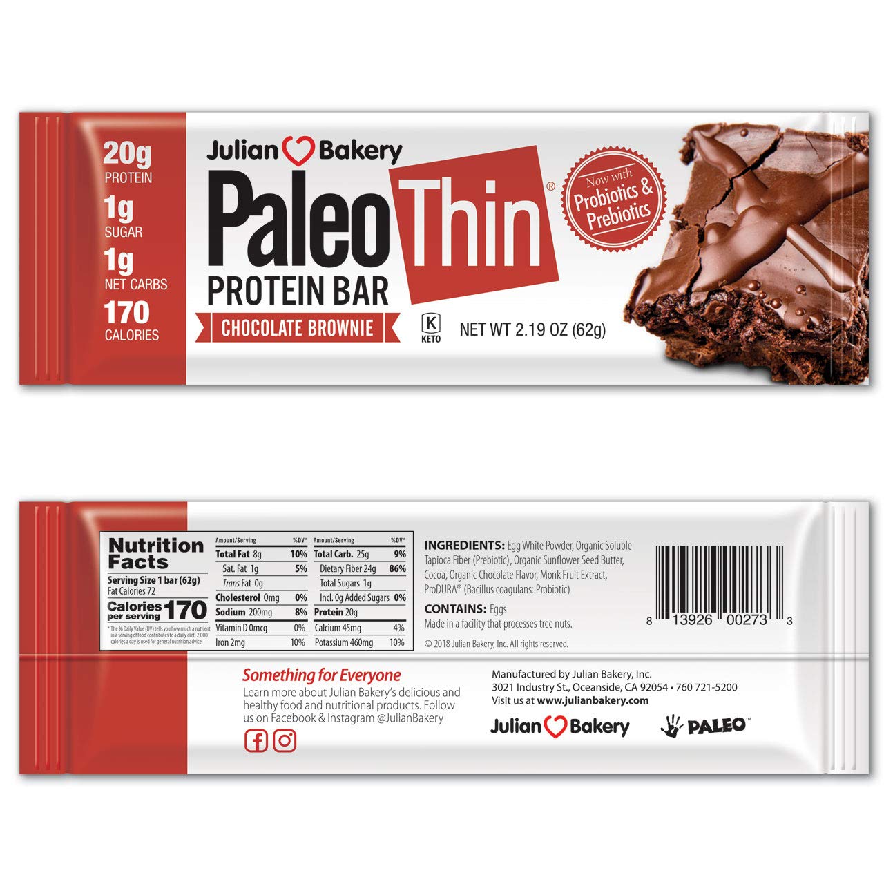 Julian Bakery Paleo Thin Protein Bars (Chocolate Brownie) (Gluten-Free) (1g Sugar) 12 Bars