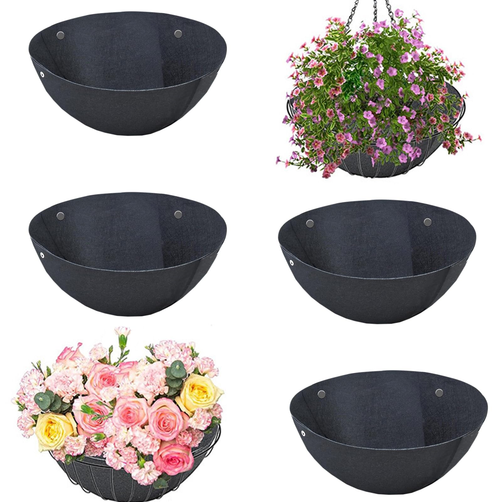 Yallmie 4Pcs Black Felt Trough Liner, Felt Liners for Hanging Baskets Round Fabric Planter Basket Liner, Trough Replacement Liners for Plants Flowers Vegetable Growth (14in)