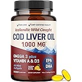 Cod Liver Oil Softgels 1000MG | Omega 3 + Vitamin A & D3 | Wild Caught Cod Liver Oil, Icelandic Sourced & Molecularly Distilled | EPA DHA Omega 3 Supplement for Bone & Immune Health | 60 Ct