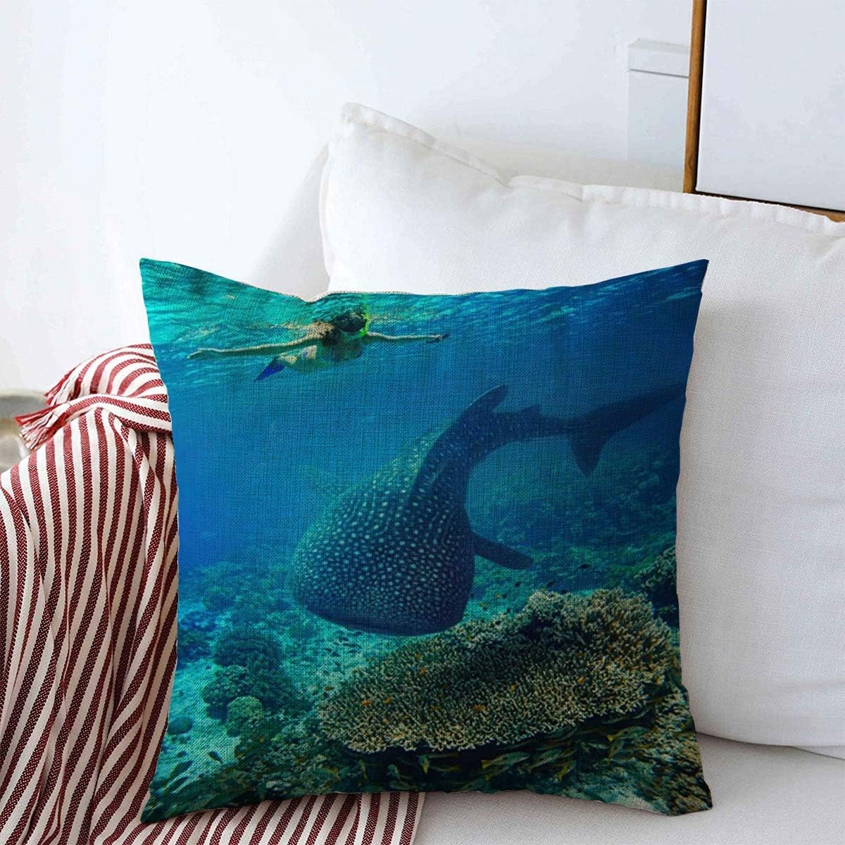 Throw Pillows Covers Cushion Case Swimming Blue Shark Young Snorkeling Underwater Looks Endangered Large Whale Sports Recreation Cebu Cotton Linen for Fall Couch Home Decor 16 x 16 Inches