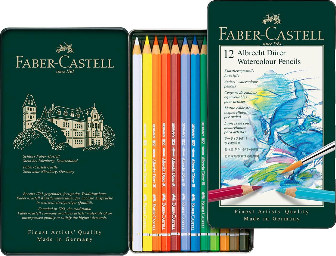 Faber-Castell Art & Graphic Albrecht Dürer Watercolour Pencil, Multicoloured, Tin of 12, Art, Craft, Drawing, Sketching, Home, School, University, Colouring