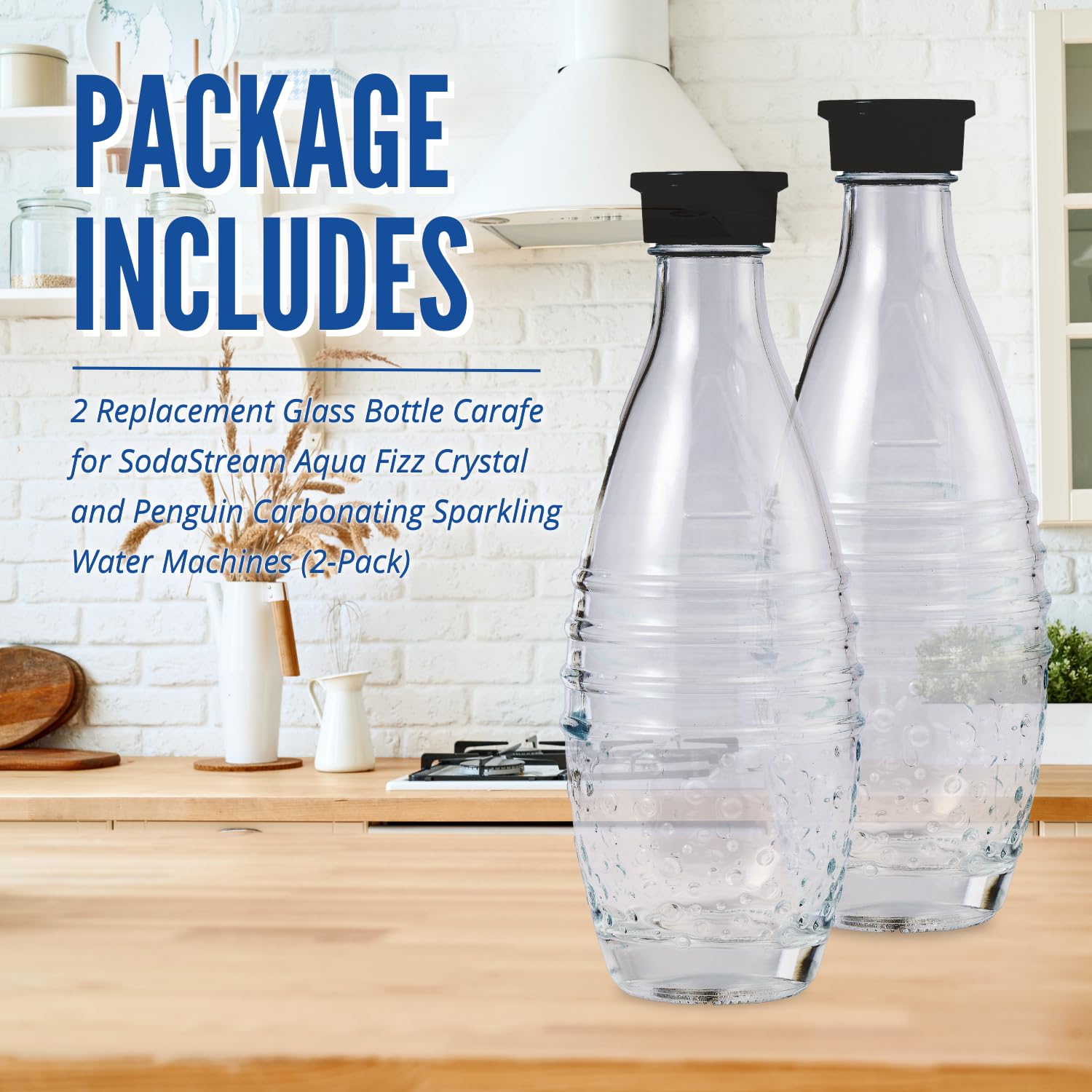 Glass Carbonating Bottle fits SodaStream Aqua Fizz, Crystal, and Penguin Sparkling Water Machines, Not for Plastic Bottle Machines, 2-Pack