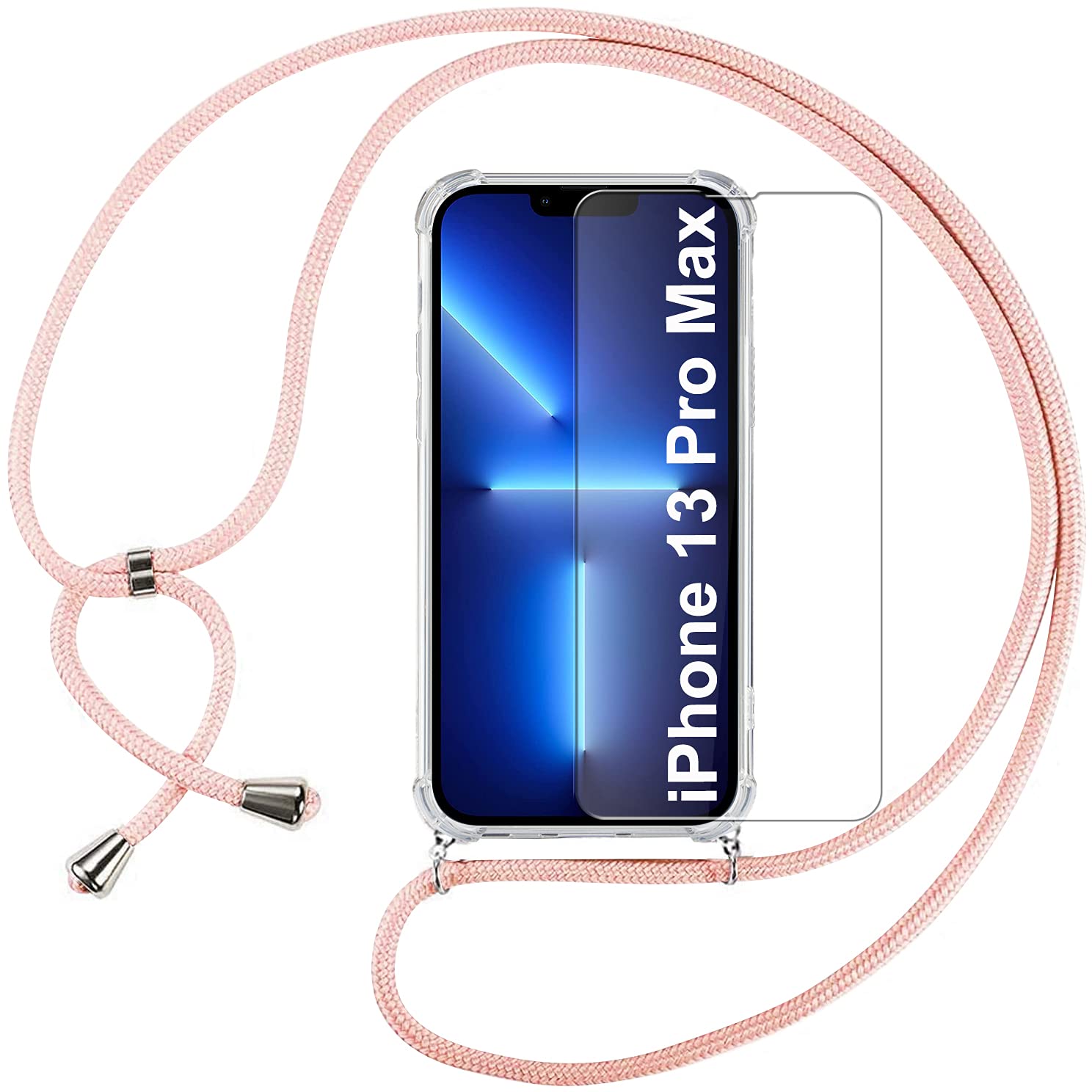 Pnakqil Crossbody Chain Case for iPhone 13 Pro Max 6.7", Necklace Phone Cover with Cord Strap & 1 x Tempered Film, Clear Transparent Soft iPhone 13 Pro Max Cover Holder with Lanyard Strap - Rose Gold