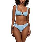 Sexy Bikini Set for Women Scoop Neck Ruched O Ring High Cut Thong Bottom Swimsuit Bathing Suit