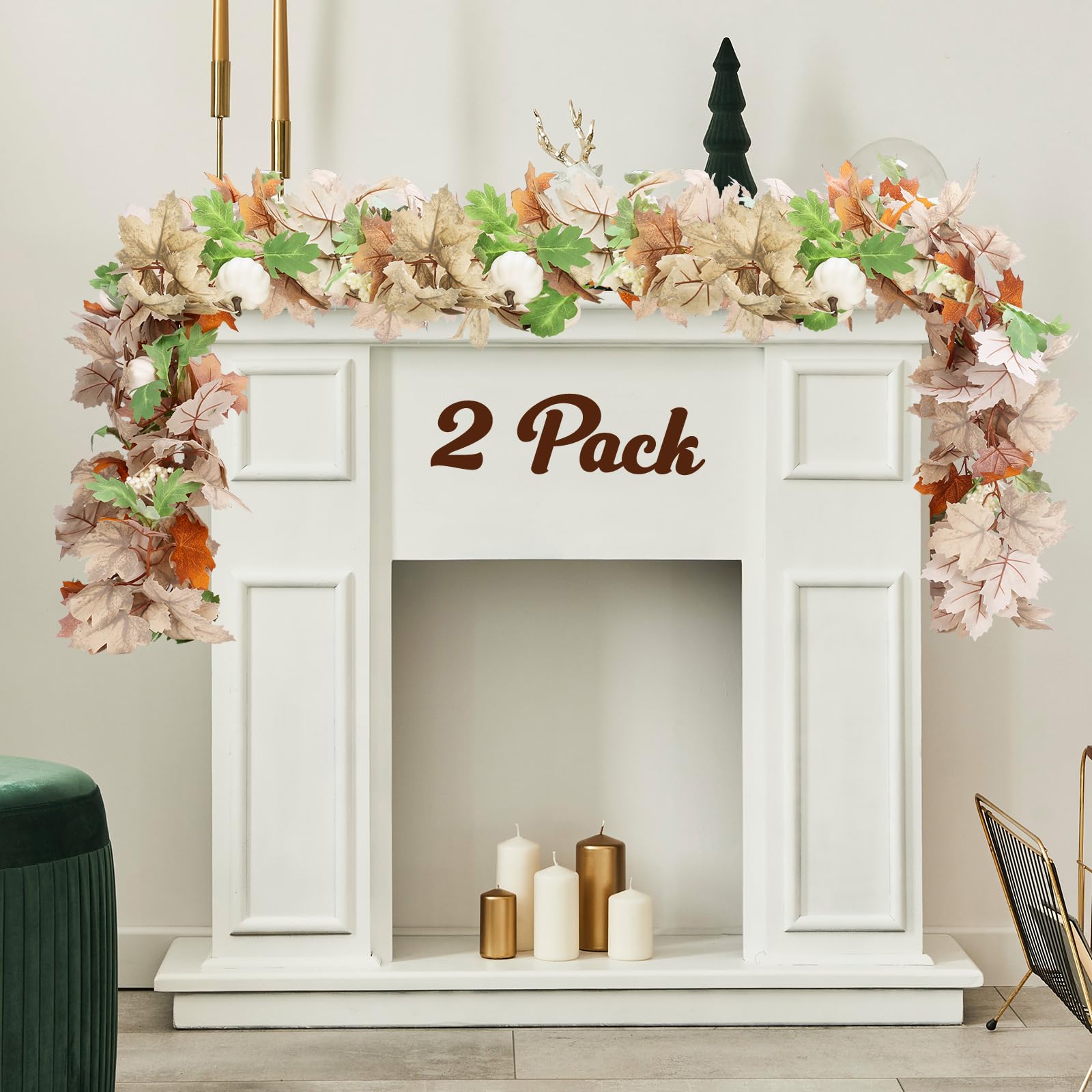 Photo 1 of ***2 BOXES*** Fall Leaves Garlands, 6Ft Autumn Leaves Decor with Pumpkins for Home Mantle Fireplace Front Door, Maple Leaf Garland Decorations for Farmhouse Porch Outdoor Indoor Thanksgiving Halloween 2 PACK