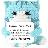 Positive Blue Crochet Cat Mini Handmade Emotional Support Animal Gift, Funny Stress Relief Gift for Cat Lovers, Women, Friends, Birthday, Graduation, Mother's Day Present, Cute Home Office Desk Decor
