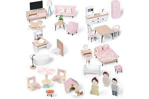 Pithfor Wooden Dollhouse Furniture Set, Dollhouse Accessories and Furniture, with 7 Rooms 3 Dolls, Includes Patio Set & Dog S