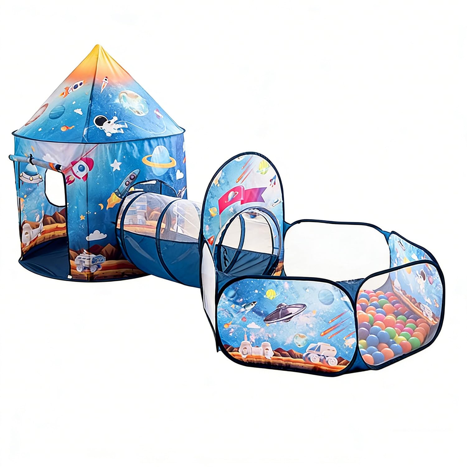 Floving 3 In 1 Kids Play Tent Crawl Tunnel and Ball Pit Child Playhouse Tent with Basketball Hoop, for Indoor and Outdoor Use with Carrying Case(Skyrocket)
