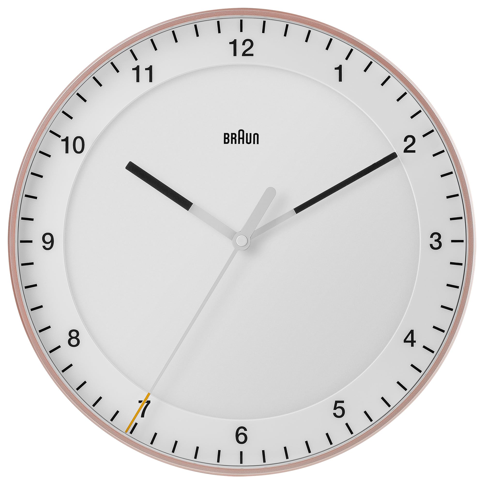 Braun Classic Large Analogue Wall Clock with Silent Sweep Movement, Easy To Read, 30cm Diameter in Rose and White, model BC17PW.