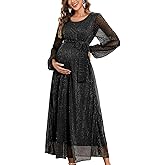 AISWI 2025 Maternity Sparkly Mesh Maxi Flowy Dress with Belt Long Sleeves Pregnant Long Dress Baby Shower Photoshoot Formal