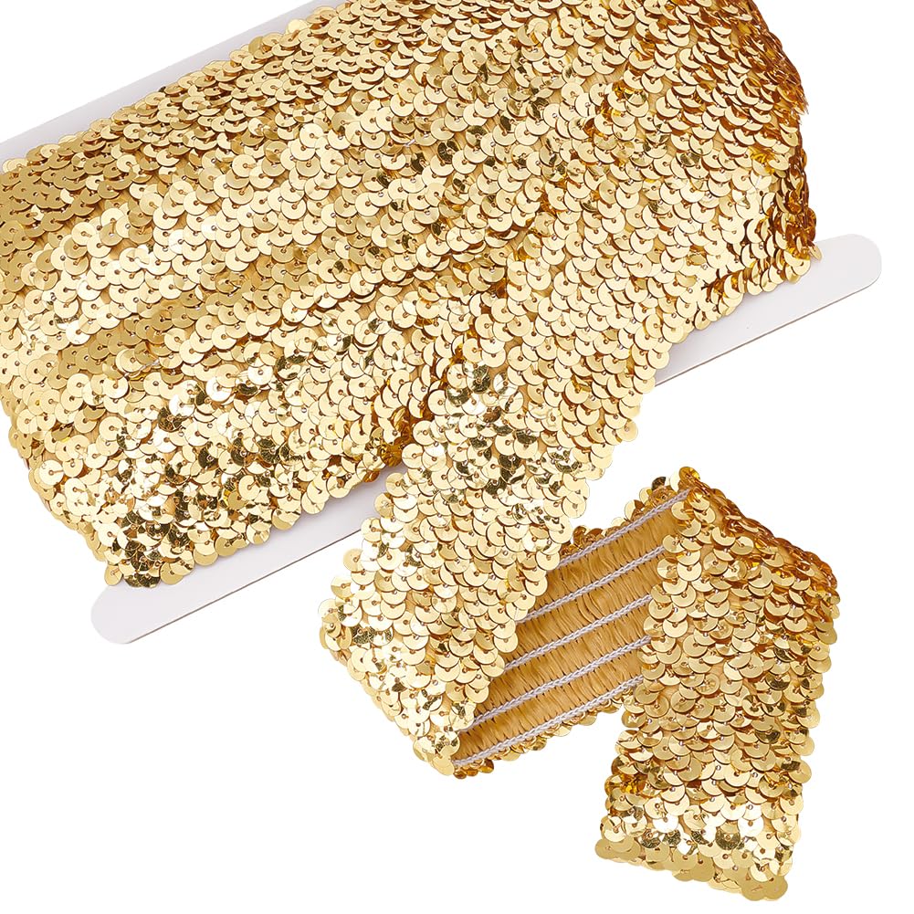 PH PandaHall 11 Yards Elastic Paillette Sequin Trim, Golden Lace Trim Crafts Sequin Strip Shiny Sewing Paillette Ribbon for Dress Embellish Headband Costume Sewing DIY Craft, 48mm/1.88inch