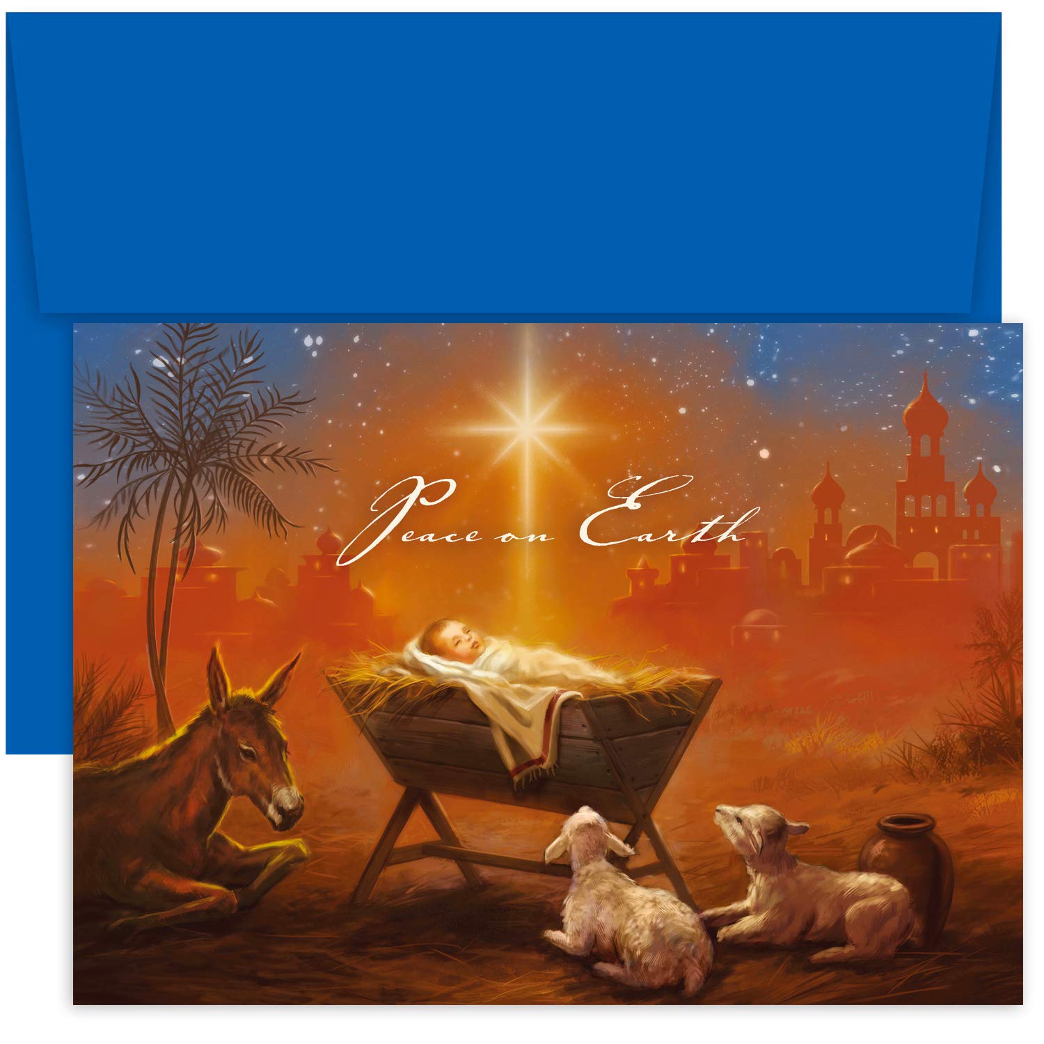 Masterpiece Studios Holiday Brights Collection 16-Count Boxed Religious Christmas Cards with Envelopes, 7.8" x 5.6", Baby Jesus in The Manger (911300)