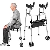 Upright Walker with Seat for Seniors,Heavy Duty Rollator with Arm Supports | Removable seat, 5-inch dual wheels, 4-position forearm supports, 7-level height settings and fixed or flexible walking modes