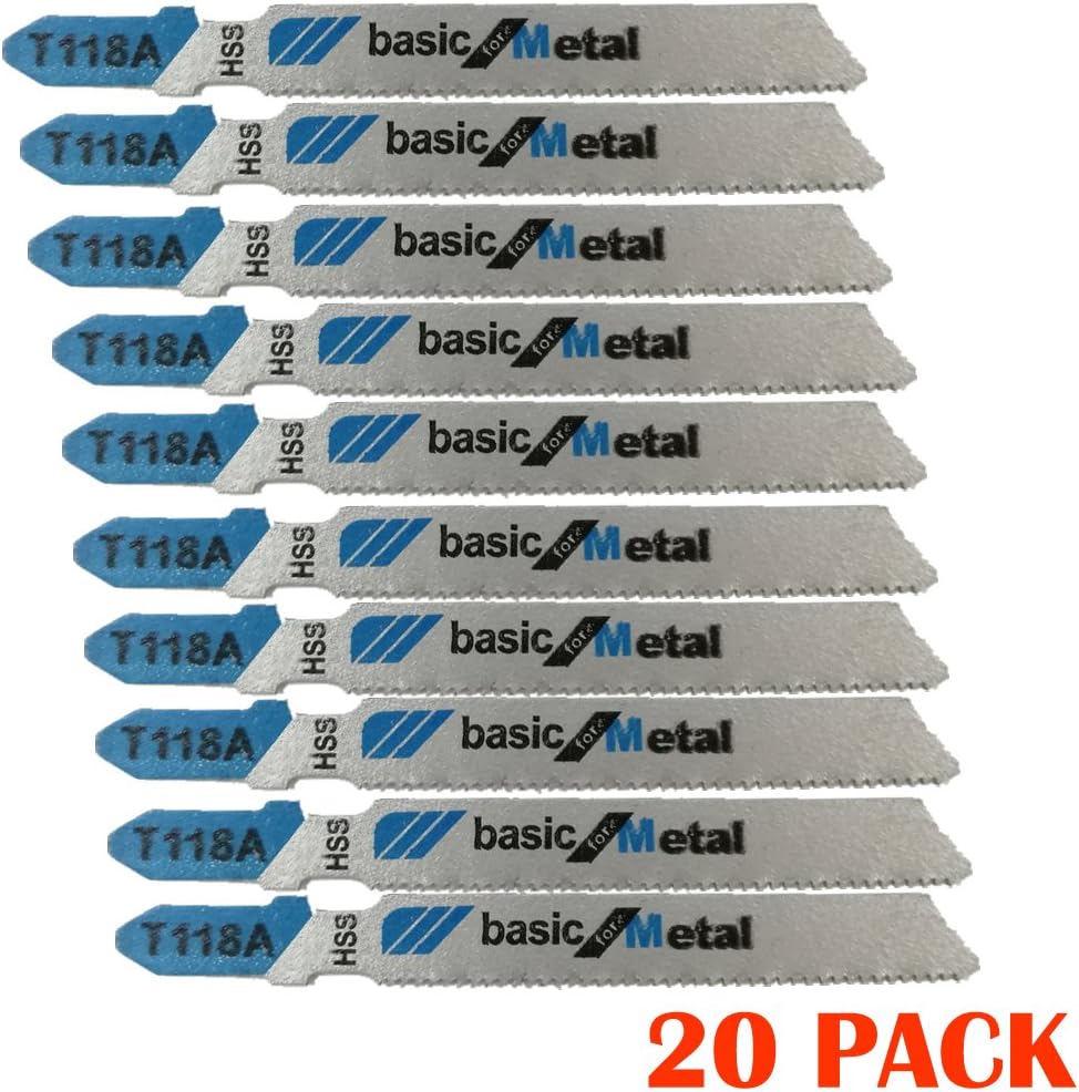 20 Pack T118A T-Shank Assorted Contractor Jigsaw Blade Set Made with HSS, 3-Inch 21TPI Jig Saw Blades Optimized for Cutting Metal, Nonferrous Metals, Aluminium, Wood, PVC and Plastic