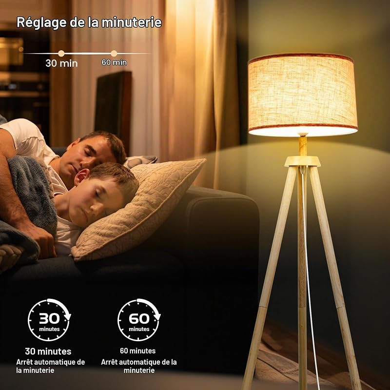 Lampadaire Trépied LED Dimmable, Ampoule E27 12W Fournie Lampe sur Pied en Bois avec Télécommande et Interrupteur à Pied, 3 Températures de Couleur Lampadaire Salon