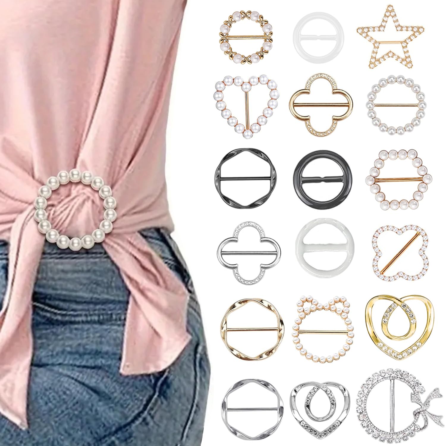 Photo 1 of 18 Pcs Shirt Ties Clips For Women, T Shirt Tie Or Rings Clips For Women For The Side, Scarf Ring Clip Tightener For Loose Clothes Corner Knotted Button Fashion Metal Round Circle Shirt Clip Buckle