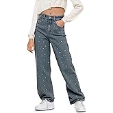 Haloumoning Girls Wide Leg Rhinestone Jeans Kids Baggy Elastic Waisted Denim Pants with Pockets 5-14 Years