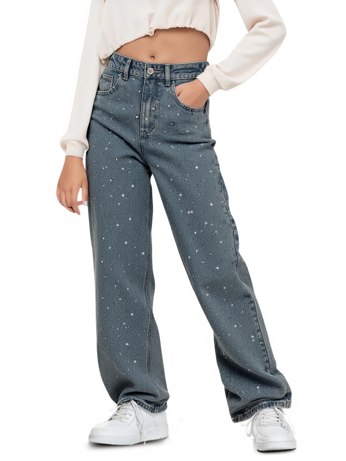 Photo 1 of *USED*
Haloumoning Girls Wide Leg Rhinestone Jeans Kids Baggy Elastic Waisted Denim Pants with Pockets 5-14 Years Blue-Gray small