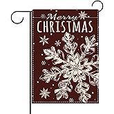 Dyrenson Merry Christmas Snowflake Decorative Garden Flag, Red Xmas Snow Yard Outside Home Decoration, Winter Holiday Burlap Outdoor Small Decor Double Sided 12 x 18