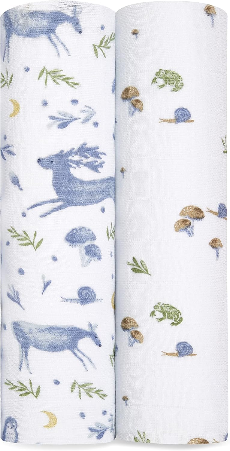 aden + anais Cotton Muslin Swaddle - 2 Pack Squares | Large Receiving Blankets for Girls & Boys | Ideal Newborn Babies & Infant Swaddling Wrap Set | Perfect Outdoors, 120x120cm