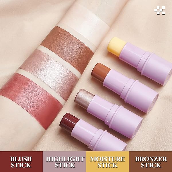 LUXAZA 4PCS CREAM BLUSH CONTOUR HIGHLIGHTER BRONZER MOISTURIZER STICK MAKEUP SET #T BLUSH GLOW5