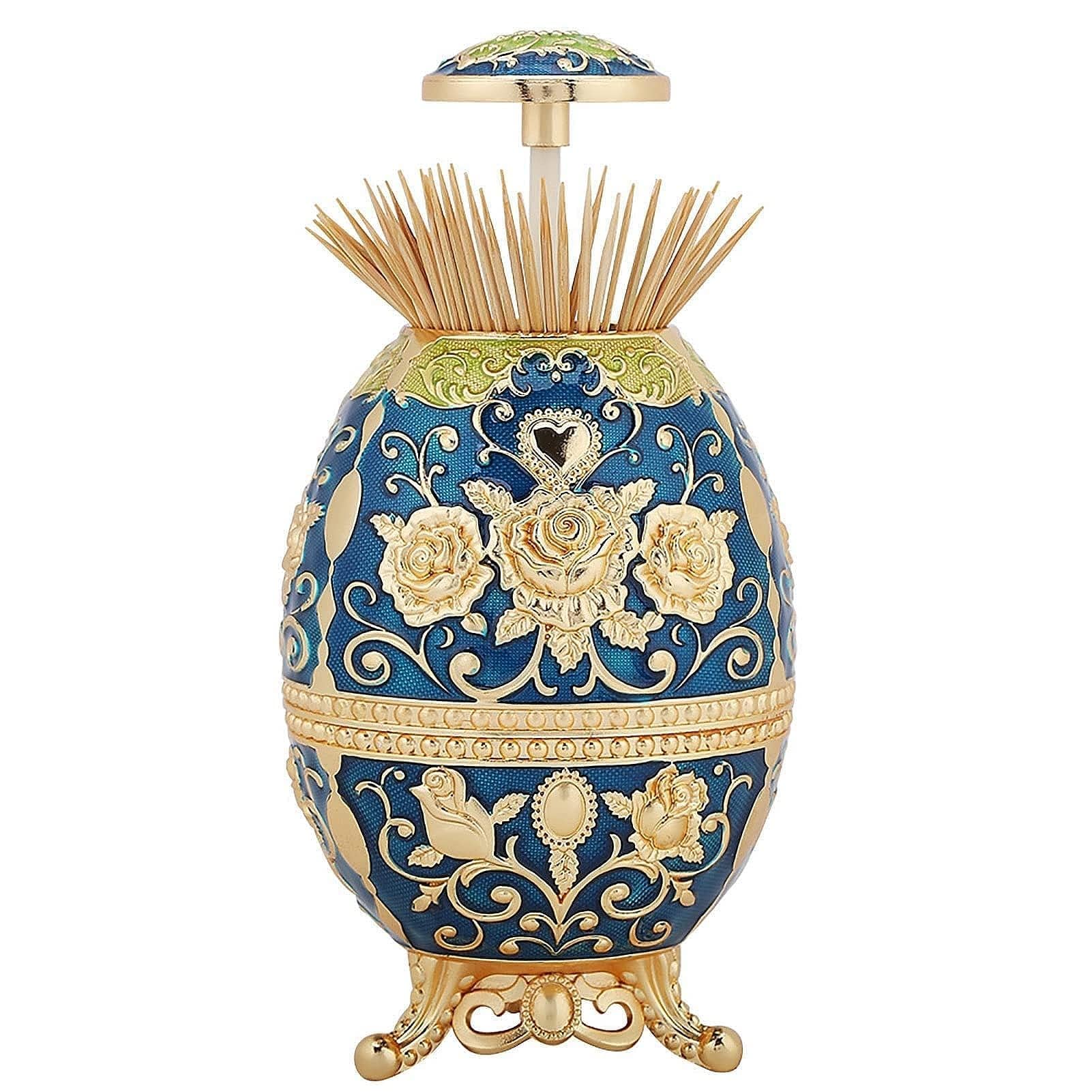 Retractable Toothpick Holder Dispenser, Retro Automatic Pop-Up Toothpick Dispenser Zinc Alloy Footed Toothpick Holder(Blue)