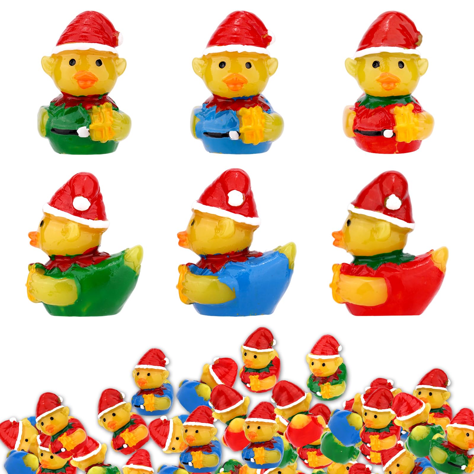 60pcs Christmas Mini Resin Ducks, Creative Tiny Yellow Duck with Santa Hats for DIY Miniature Landscape Crafts Small Car Ornament Party Supply