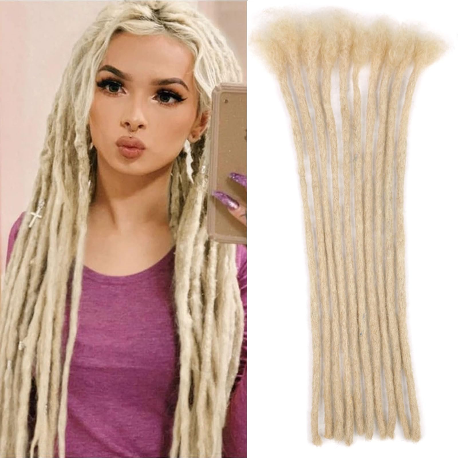 Huarisi 10 Strands 0.4cm Blonde Dreadlocks Extensions Human Hair for Black Women 12 inch Afro Kinky Handmade Permanent Loc Extensions Real Hair for Man (#613, 10 Locs) — image 1