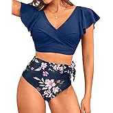 Aqua Eve Ruffle Bikini High Waisted Swimsuit - Women Two Piece Bathing Suit Tummy Control Bikini Set