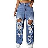 Floerns Women's Plus Size High Waist Distressed Jeans Straight Leg Casual Loose Denim Pants