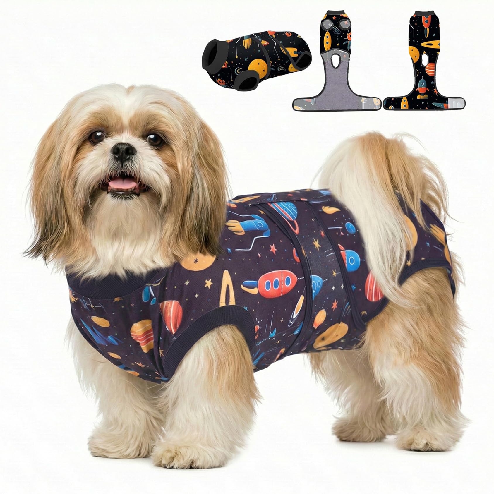 PetWarm Surgical Suit for Dogs Female, Hooded Dog Inner Clothes, Recovery Shirt for Female Male Dogs Substitute E-Collar and Cone Anti-Licking Dog Surgery Recovery Suit, Cosmic Pattern, Black Gold, XS