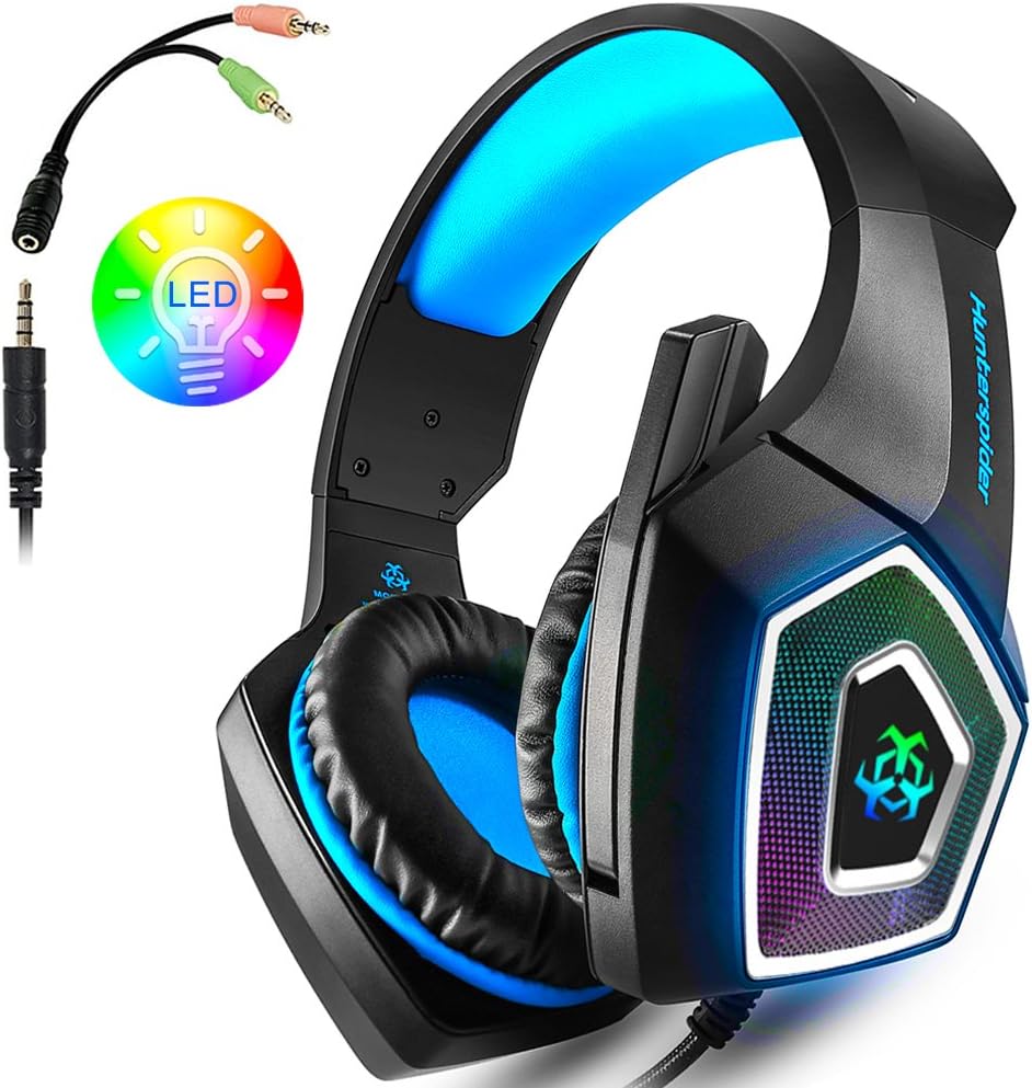 Gaming Headset for Xbox One, PS4, Nintendo Switch, PC, Game Headset with Mic, LED Light for Mac (Blue)