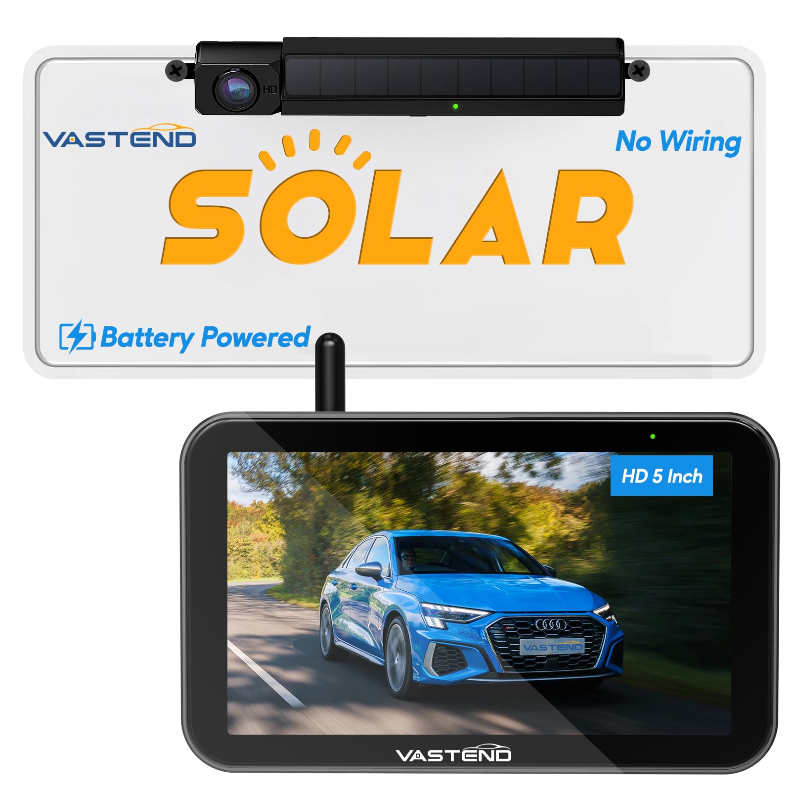 Photo 1 of Solar Wireless Backup Camera with 5" Monitor VASTEND Battery Powered RV Camera System 3 Mins DIY Installation Rear View Camera HD 1080P Reverse Camera for Car Van SUV (VS-5A)