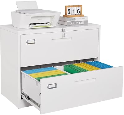 2 Drawer Lateral File Cabinet with Lock,White Lateral Filing Cabinet,Horizontal Metal Filing Cabinets,Locked Wide File Cabinets for Office Home,Fit A4/F4/Letter/Legal File,-Assembly Required