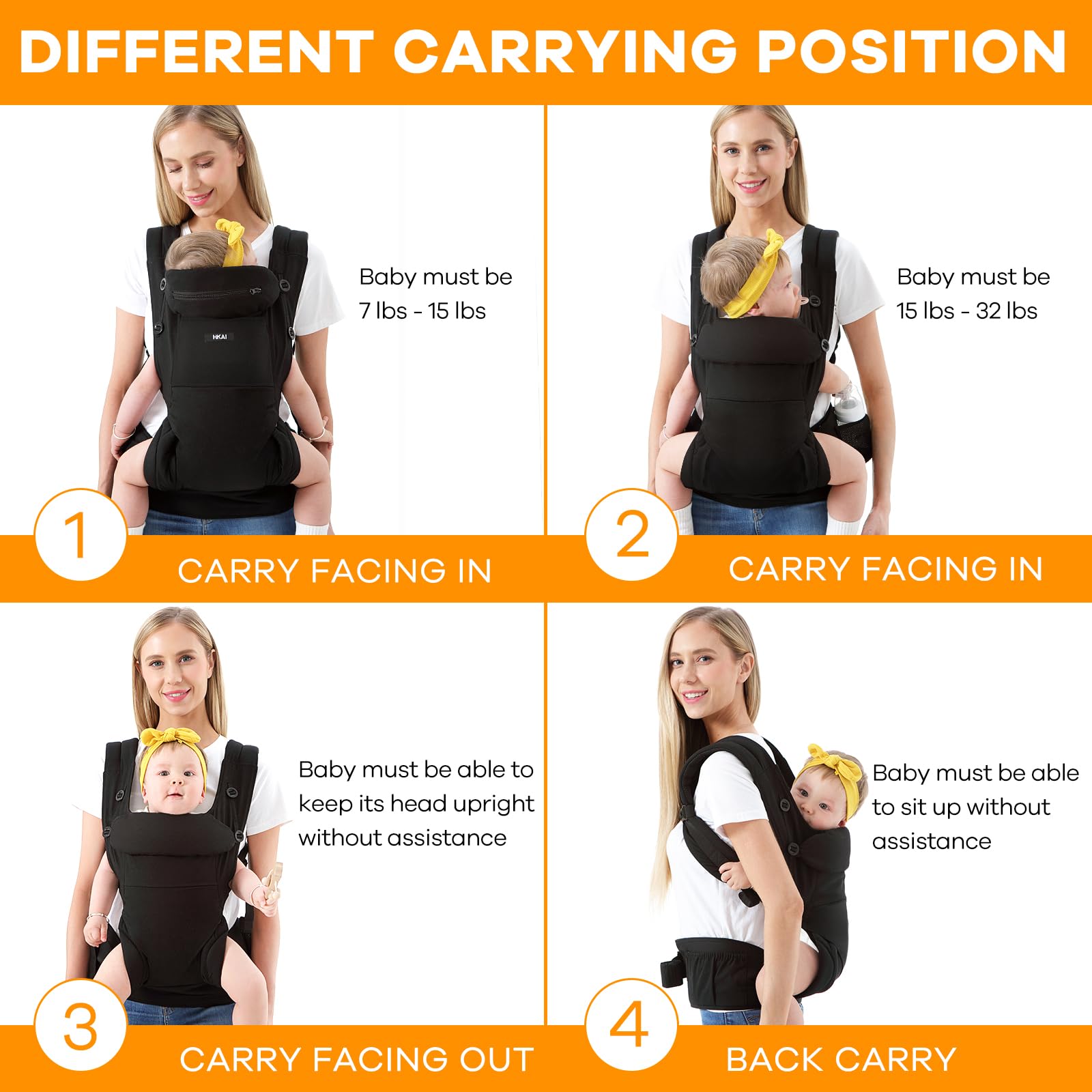 HKAI Baby Carrier for Newborn to Toddler - Multifunctional Pocket, Ergonomic Design, Comfortable Parenting and Lumbar Support for All-Position Infant Carrier (7-45lbs), Black