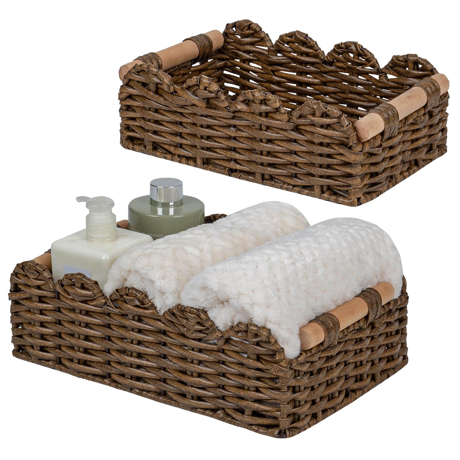 Photo 1 of CubesLand PP Wicker Scalloped Edge Floating Shelves Baskets Set 2, Toilet Basket for Over Toilet Storage Shelf, Ending Table, Nightstand Organizing and Home Décor, Rattan Basket Come with Wood Handle