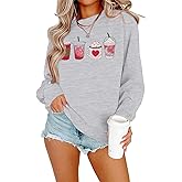 MYHALF Valentines Day Sweatshirts Valentine Shirts: Womens Love Heart Long Sleeve Tops Oversized Patch Crewneck Pullover