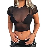 ADOME Mesh Top Mesh Crop Top Plus Sheer Cropped Shirt Black Crop Short Sleeve S-XXL