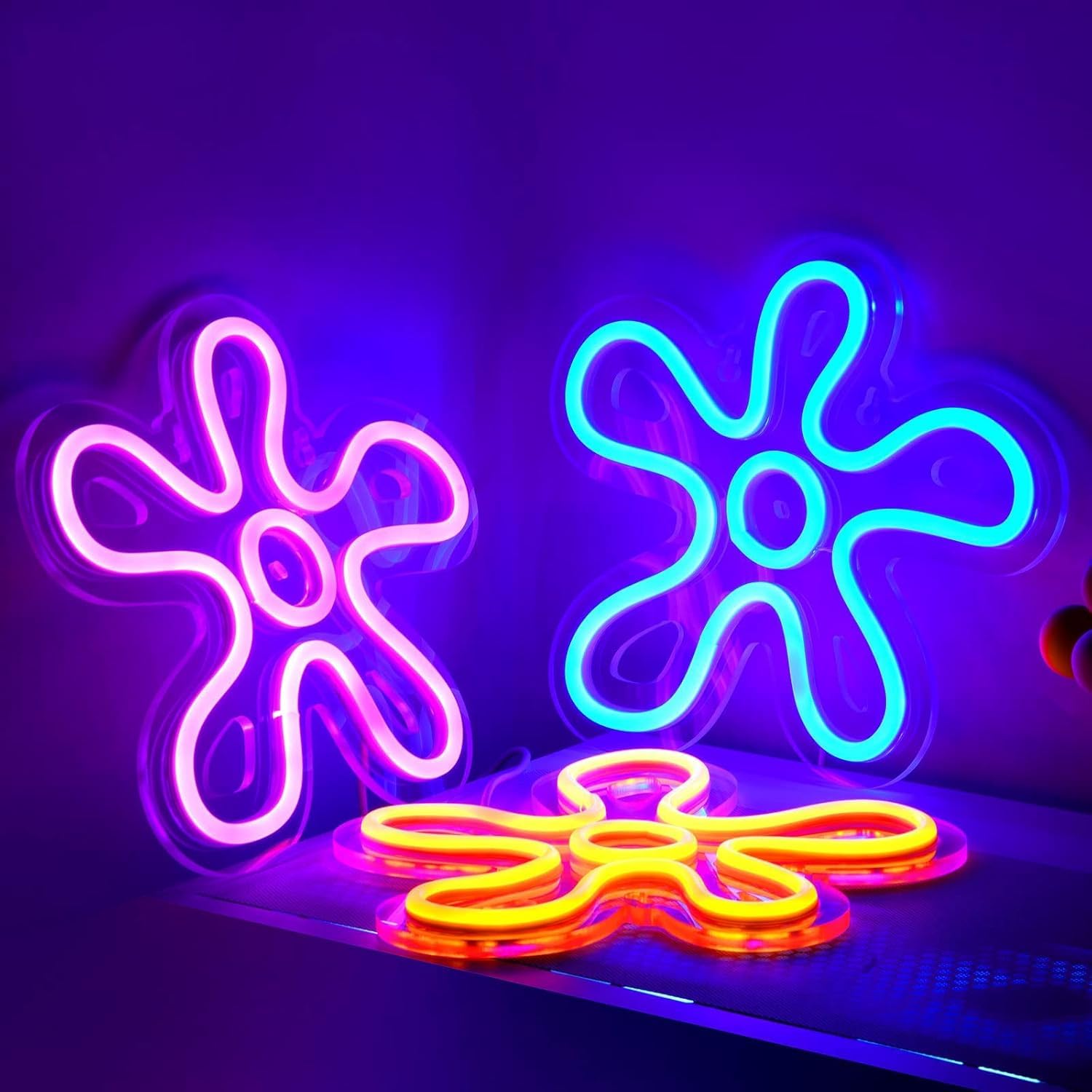 Photo 1 of 3 Pcs Flower Neon Sign LED Light Signs Retro LED Signs Flower Shaped Sign Purple Blue and Yellow Neon Sign for Bedroom Home Wall Decor Birthday Wedding Party Decorations Kid's Gifts