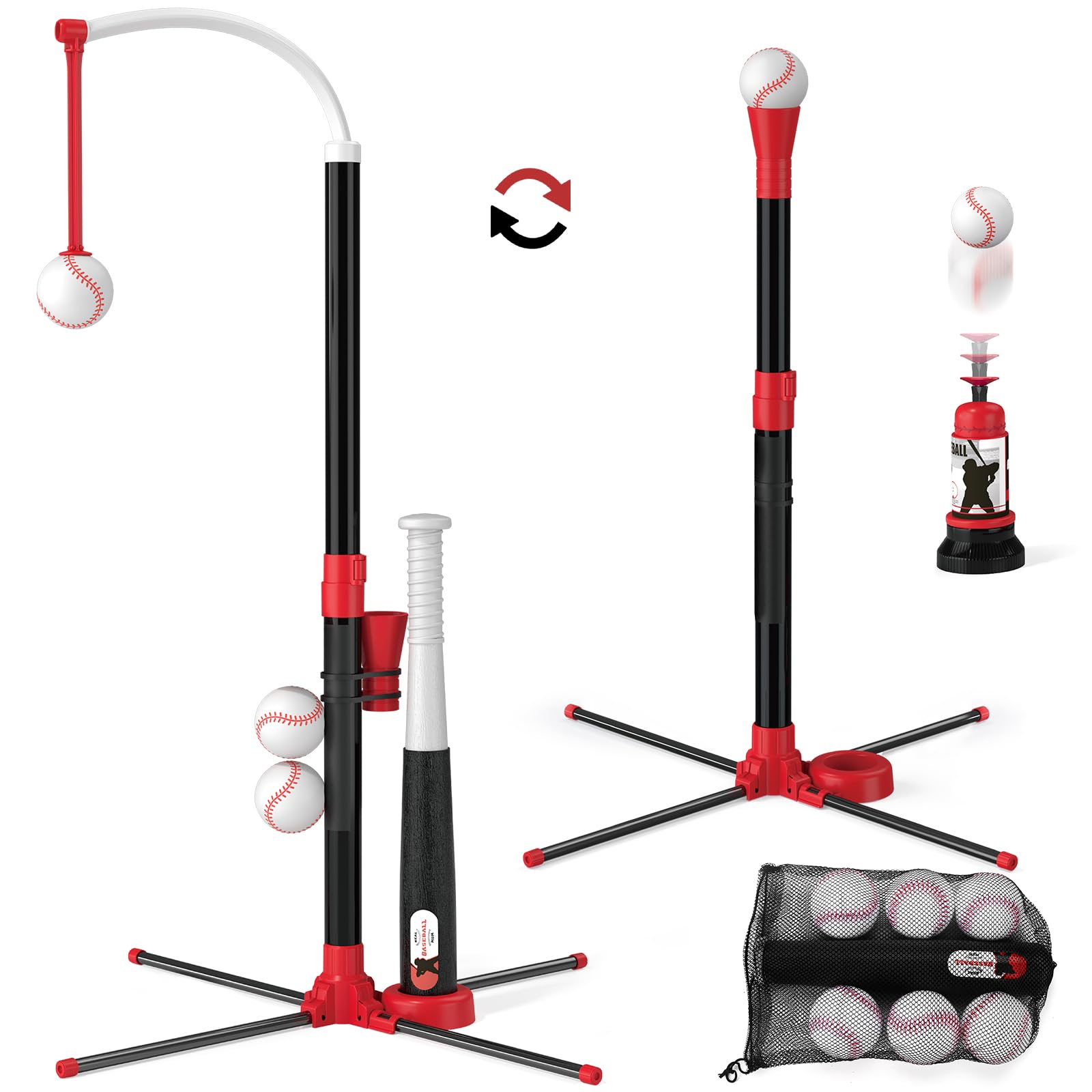 Wee Wonders 3-in-1 T Ball Set - Adjustable Height, Hanging Tee Ball Set with Automatic Pitching Machine/6 Balls/Retractable Bat, TBall Stand Suit for Outdoor, Sport Toys Gifts for Kids Boys Age 3+