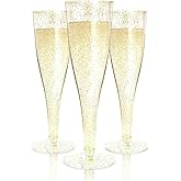 Prestee 100 Gold Plastic Champagne Flutes - 4.5 oz Disposable Champagne Glasses for Toasting at Weddings, Mimosas, Cocktails, Great Gatsby Party Decorations, and Events