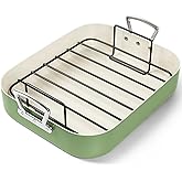 MICHELANGELO Nonstick Ceramic Roasting Pan with Rack, Turkey Roasting Pan with Ceramic Coating, Turkey Roaster Pan with Stainless Steel Rack, 15 Inch x 13 Inch - Green